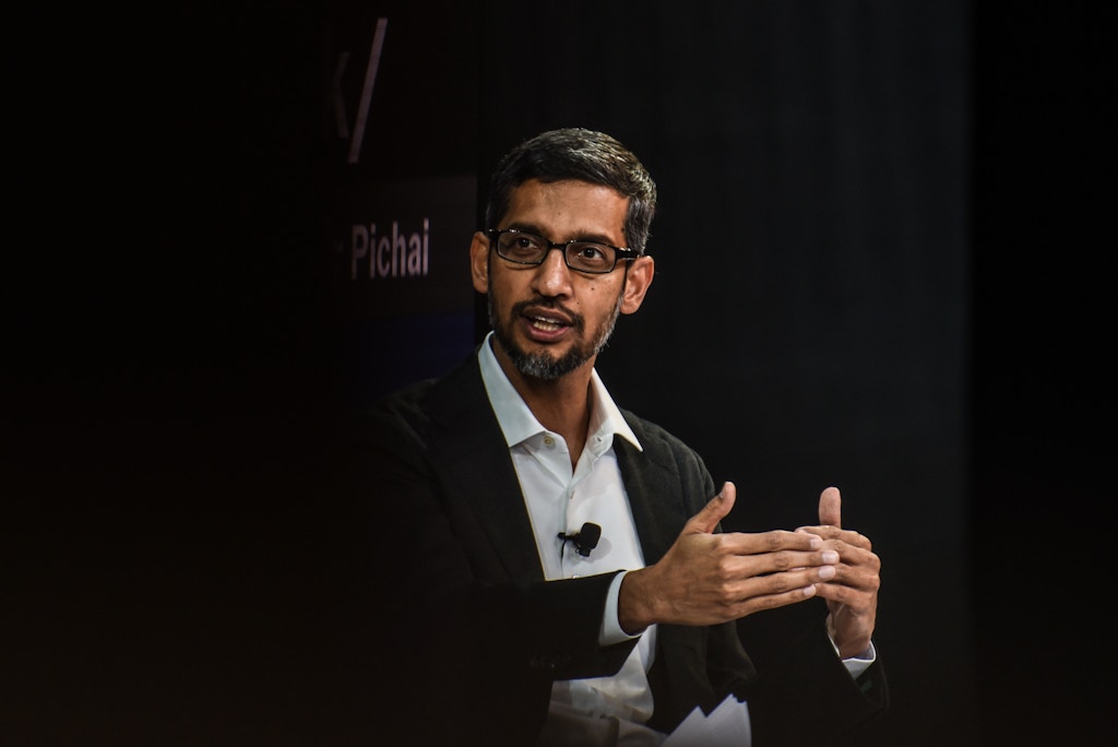 NEW YORK, NY - NOVEMBER 1: Sundar Pichai, Cd.E., Google Inc., speaks at the New York Times DealBook Conference on November 1, 2018 in New York. (Photo by Stephanie Keith / Getty Images)