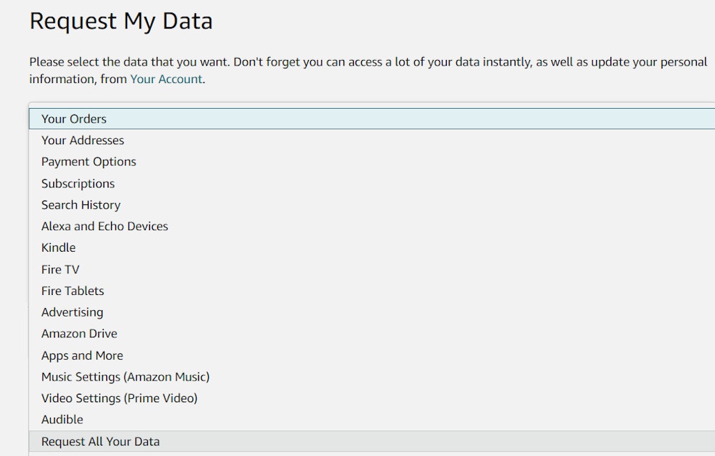 Amazon 'Request My Data' selection menu. Screenshot by The Intercept.