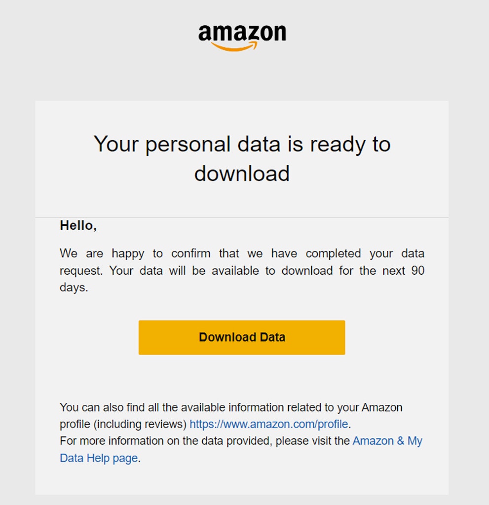 Amazon 'Your personal data is ready to download' email. Screenshot by The Intercept.