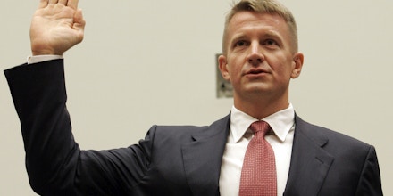 Blackwater USA founder Erik Prince is sworn in on Capitol Hill in Washington, Tuesday, Oct. 2, 2007, prior to testifying before the House Oversight Committee hearing examining the mission and performance of the private military contractor Blackwater in Iraq and Afghanistan. (AP Photos/Susan Walsh)