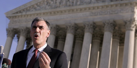 FILE - In a Jan. 7, 2008, file photo Attorney Donald Verrilli talks to media outside the Supreme Court after arguing against the use of a three drug cocktail for lethal injections in death penalty executions. Now Obama's top Supreme Court lawyer, Solicitor General Verilli was maligned for his performance in both the health care and Arizona immigration cases. Turns out, he largely prevailed in both cases, in which he also was in charge of producing the administration's written legal briefs. (AP Photo/Evan Vucci, File)
