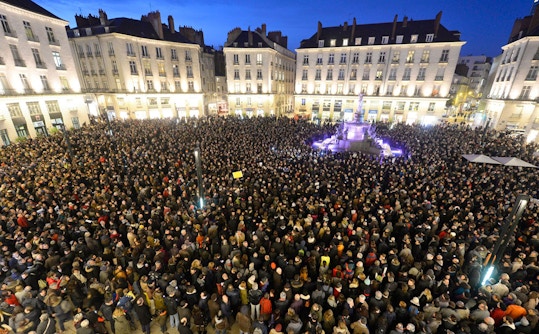 Image #: 34104580    Crowds across France take a moment of silence for the victims of the shooting at the headquarters of satiricial newspaper Charlie Hebdo in Paris, January 7, 2014.     Maxppp /Landov