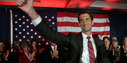 NORTH LITTLE ROCK, AR - NOVEMBER 04:  U.S. Rep. Tom Cotton (R-AR) and republican U.S. Senate elect in Arkansas greets supporters during an election night gathering on November 4, 2014 in North Little Rock, Arkansas. Cotton defeated two-term incumbent democrat U.S. Sen. Mark Pryor (D-AR).  (Photo by Justin Sullivan/Getty Images)