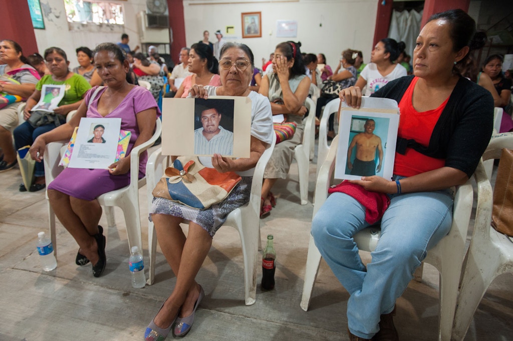 Forty-three male students from the Raul Burgos Rural Teachers College in Ayotzinapa, Guerrero were disappeared on September 26, 2014 at the hands of local police working in conjunction with drug traffickers. In an unprecedented event, not directly related to the 43 missing students, at St. Gerard's parish hall in Iguala, Guerrero family members have come to speak of and register cases of disappearances of their loved ones at the behest of a coalition of a local defense militia, non-governmental organizations and the Catholic Church.