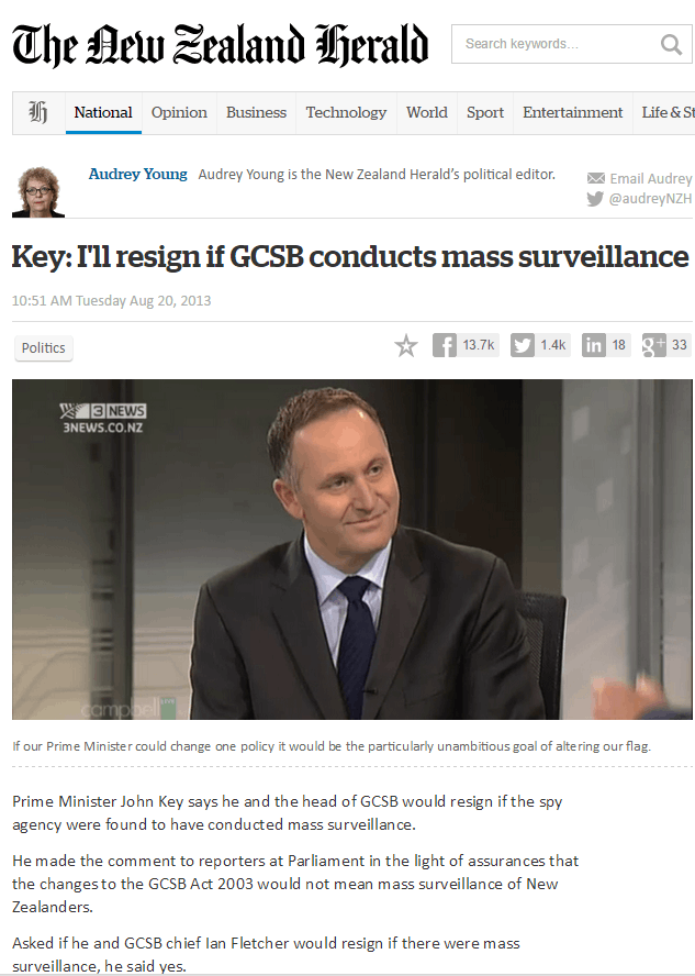 NZ Prime Minister John Key Retracts Vow to Resign if Mass Surveillance Is  Shown