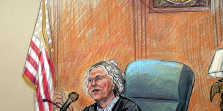 Artist rendering of U.S. District Judge Leonie Brinkema presiding over the Zacarias Moussaoui trial, Friday, April 22, 2005 in federal court in Alexandria, Va. Moussaoui pleaded guilty Friday to helping al-Qaida carry out the Sept. 11 hijackings and said he understood he could be put to death for his role in the deadliest terror attack in American history. (AP Photo/Dana Verkouteren)