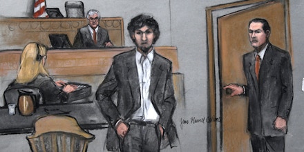 In this courtroom sketch, Boston Marathon bomber Dzhokhar Tsarnaev arrives in the courtroom at the Moakley Federal court house in the penalty phase of his trial in Boston, Friday, May 15, 2015. The federal jury ruled that the 21-year-old Tsarnaev should be sentenced to death for his role in the deadly 2013 attack. (Jane Flavell Collins via AP)