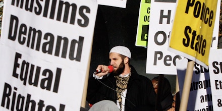 Cyrus McGoldrick, civil rights manager for the Council on American-Islamic Relations, speak during a rally of Muslims and supporters protesting the NYPD  surveillance operations of Muslim communities, Friday, Nov. 18, 2011, in New York.  (AP Photo/Bebeto Matthews)