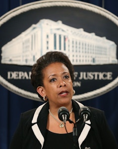WASHINGTON, DC - JULY 22:  Attorney General Loretta Lynch speaks to the media during a news conference at the Justice Department July 22, 2015 in Washington, DC. Lynch announced that a grand jury has indicted Dylann Roof on 33 federal counts for killing nine people during a Bible study at a historic black church in Charleston, South Carolina last month. (Photo by Mark Wilson/Getty Images)