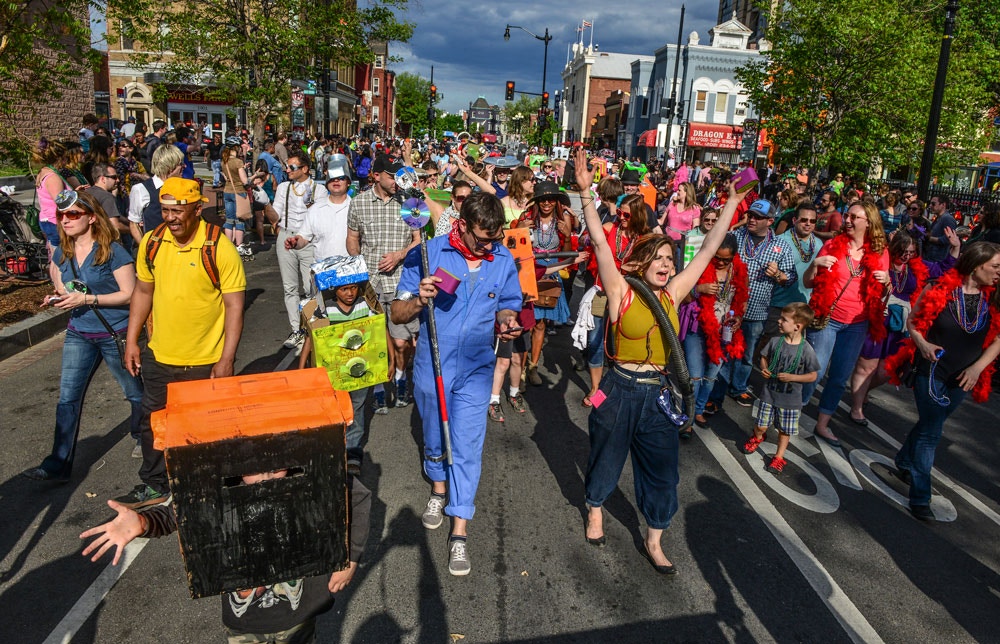WASHINGTON, DC - MAY 2:Participants, some dressed as robots, march down T street during the annual DC Funk Parade, on May, 02, 2015 in Washington, DC.(Photo by Bill O'Leary/The Washington Post via Getty Images)