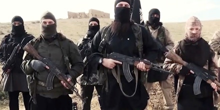 French fighters (or French speaking) of ISIS or Islamic State group or Daesh deliver a message to Francois Hollande and to French people, mourning the killers of Charlie Hebdo team, brothers Kouachi, as well as Amedy Coulibaly in a video message sent on internet on February 4th, 2015, Photo by Balkis Press/Sipa USA