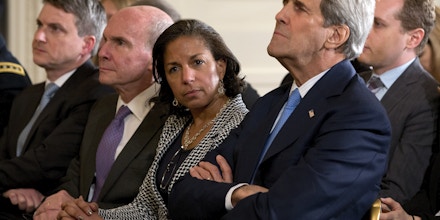 National Security Adviser Susan Rice, second from right, and Secretary of State John Kerry listen duirng President Barack Obama's joint news conference with Afghanistan's President Ashraf Ghani, Tuesday, March 24, 2015, in the East Room of the White House in Washington. (AP Photo/Jacquelyn Martin)