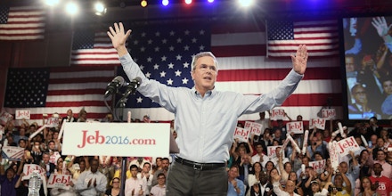 MIAMI, FL - JUNE 15:  Former Florida Governor Jeb Bush waves as he walks on stage to announce his candidacy for the Republican presidential nomination during an event at Miami-Dade College - Kendall Campus on June 15 , 2015 in Miami, Florida. Bush joins a list of Republican candidates to announce their plans on running against the Democrats for the White House.  (Photo by Joe Raedle/Getty Images)