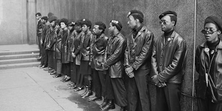 View of a line of Black Panther Party members as they demonstrate outside the New York City courthouse, New York, New York, April 11, 1969. (Photo by David Fenton/Getty Images)