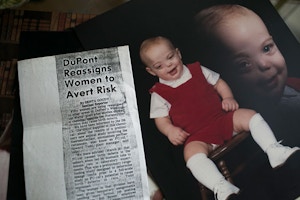 Photos of Bucky Bailey as a baby as well as article clippings that his mother Sue saved over the years sit on the table at their home in Bluemont, VA. Sue worked in Teflon while pregnant with Bucky, who was born with facial deformities.
