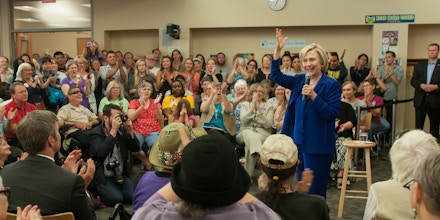 Generated by IJG JPEG LibraryIOWA CITY, IOWA - JULY 7: Hillary Clinton addresses supporters at an organizational rally on July 7, 2015 at the Iowa City Public Library in Iowa City, Iowa. The campaign stop provided a few hundred supporters and campaing workers with an oppurtunity to hear from the former Sectratary of State about her platform for her run the office of President of the United States. (Photo by David Greedy/Getty Images)Generated by IJG JPEG Librar