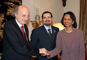Beirut, LEBANON:  Lebanese parliament majority leader Saad Hariri (C) smiles as MP and Druze leader Walid Jumblatt greets US Secretary of State Condoleezza Rice during their meeting in Beirut, 23 February 2006. Rice made an unannounced visit to Lebanon, keeping up US pressure on Syria and pointedly avoiding any encounter with the pro-Damascus President Emile Lahoud.  AFP PHOTO/MAHMOUD KHEIR  (Photo credit should read mahmoud kheir/AFP/Getty Images)