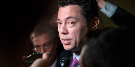 Rep. Jason Chaffetz, R-Utah, speaks to reporters as he leaves a House Republican special leadership election meeting on Capitol Hill in Washington, Thursday, Oct. 8, 2015.