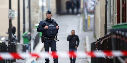Nov. 16, 2015 - Paris, France - Paris, France. French police patrolling on the side street of  Bataclan Cafe in Paris, France following the Paris terror attacks on Monday, 16 November 2015. (Credit Image: © Tolga Akmen/London News Pictures via ZUMA Wire)