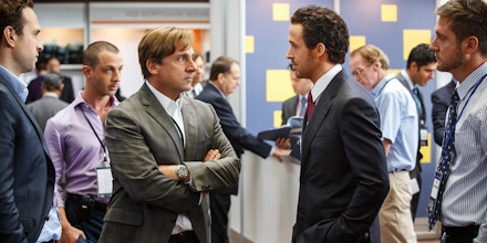Left to right: Steve Carell plays Mark Baum and Ryan Gosling plays Jared Vennett in The Big Short from Paramount Pictures and Regency Enterprises