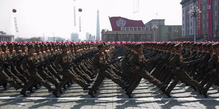 North Korean soldiers march during a military parade to mark 100 years since the birth of North Korea's founder Kim Il-Sung in Pyongyang on April 15, 2012. North Korea's new leader Kim Jong-Un delivered his first public speech on April 15 and vowed to push for 
