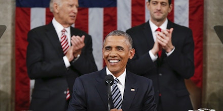 WASHINGTON, DC - JANUARY 12:  President Barack Obama delivers his State of the Union address before a joint session of Congress on Capitol Hill January 12, 2016 in Washington, D.C.  In his final State of the Union, President Obama reflected on the past seven years in office and spoke on topics including climate change, gun control, immigration and income inequality. (Photo by Evan Vucci - Pool/Getty Images)
