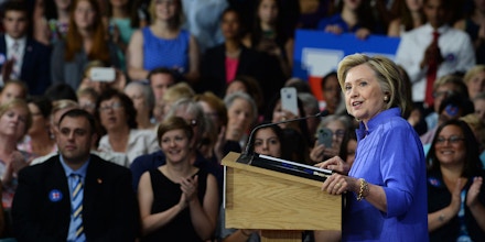 EXETER, NH - AUGUST 10: Democratic presidential candidate Hillary Clinton speaks at a town hall meeting at Exeter High School August 10, 2015 in Exeter, New Hampshire. Clinton discussed college affordability and student debt relief. (Photo by Darren McCollester/Getty Images)