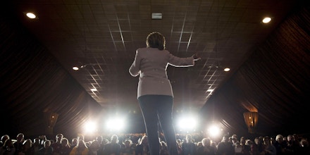 Hillary Clinton, former Secretary of State and 2016 Democratic presidential candidate, speaks during a campaign event in Davenport, Iowa, U.S., on Friday, Jan. 29, 2016. An old saying that politicians can campaign with poetry but must govern with prose has suddenly become fresh inspiration for Clinton as she looks to manage an enthusiasm gap with Bernie Sanders days before the Iowa caucuses. Photographer: Daniel Acker/Bloomberg via Getty Images