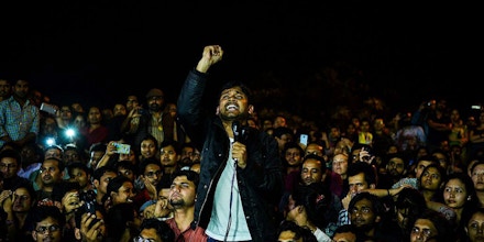 Indian student union leader Kanhaiya Kumar (C) addresses students and activists at Jawahar Lal Nehru University (JNU) in New Delhi on March 3, 2016. Indian student leader Kanhaiya Kumar walked out of prison on March 3, nearly three weeks after he was arrested on a controversial sedition charge that sparked major protests and a nationwide debate over free speech. / AFP / CHANDAN KHANNA (Photo credit should read CHANDAN KHANNA/AFP/Getty Images)