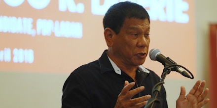 Presidential candidate Mayor Rodrigo Duterte addresses some country's business leaders during a forum on Wednesday, April 27, 2016 at the financial district of Makati city in Manila, Philippines. The tough-talking Duterte, the mayor of the southern Philippine city of Davao, is the front-runner leading to the May 9 presidential elections. (AP Photo/Bullit Marquez)