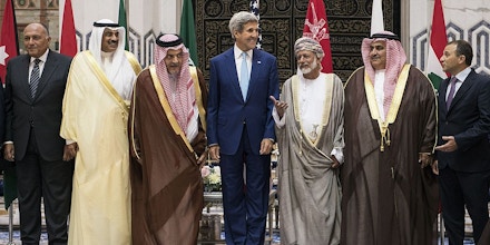 (From L to R):  Egyptian Foreign Minister Sameh Shoukry, Kuwaiti Foreign Minister Sabah Al-Khalid al-Sabah, Saudi Foreign Minister Prince Saud al-Faisal, US Secretary of State John Kerry, Omani Foreign Minister Yussef bin Alawi bin Abdullah, Bahraini Foreign Minister Sheikh Khaled bin Ahmed al-Khalifa and Lebanese Foreign Minister Gebran Bassil, stand together during a family photo with of the Gulf Cooperation Council and regional partners at King Abdulaziz International Airports Royal Terminal on September 11, 2014 in Jeddah, Saudi Arabia. Kerry and regional counterparts began talks today in Saudi Arabia on forming a coalition to support an American campaign against Islamic State jihadists in Syria and Iraq. AFP PHOTO/POOL/BRENDAN SMIALOWSKI        (Photo credit should read BRENDAN SMIALOWSKI/AFP/Getty Images)