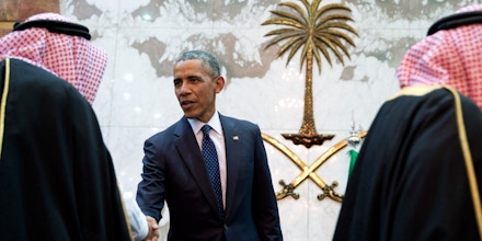 FILE- In this Jan. 27, 2015 file photo, President Barack Obama participates in a receiving line with the Saudi Arabian King, Salman bin Abdul Aziz, at Erga Palace in Riyadh, Saudi Arabia. When Obama arrives in the Saudi capital on Wednesday, April, 20, 2016, he’ll face an increasingly assertive Saudi leadership still heavily dependent on U.S. weapons and military might that nonetheless has little trust in him and essentially believes they’ve been thrown a curveball. The president is also expected to push Saudi Arabia and other Gulf allies for greater cooperation and military backing in the fight against the Islamic State group in Iraq and Syria. (AP Photo/Carolyn Kaster, File)