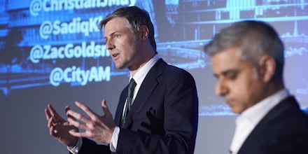 Conservative Party candidate Zac Goldsmith (L) and Labour party candidate Sadiq Khan take part in a Mayoral debate in central London on April 12, 2016The two candidates are vying to become the next mayor of London in the upcoming May 5 elections. / AFP / NIKLAS HALLE'N (Photo credit should read NIKLAS HALLE'N/AFP/Getty Images)