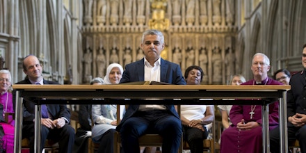 LONDON, ENGLAND - MAY 07:  Sadiq Khan attends an official signing ceremony at Southwark Cathedral as he begins his first day as newly elected Mayor of London on May 7, 2016 in London, England.  Khan, the Labour MP for Tooting, will be sworn in as Mayor of London at a multi-faith service at Southwark Cathedral today. After months of campaigning Mr Khan won the London mayoral race with 56.8 percent of the vote beating Conservative Party candidate Zac Goldsmith into second place.  (Photo by Yui Mok - WPA Pool /Getty Images)