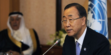UN chief Ban Ki-moon addresses the second meeting of the advisory board of the newly established UN Counter-Terrorism Centre in the Saudi coastal city of Jeddah on June 3, 2012. The UN chief called for broad international talks on the rising Syrian crisis, urging Security Council members to consider Arab League demands for stronger UN action in the strife-torn country. AFP PHOTO/AMER HILABI        (Photo credit should read AMER HILABI/AFP/GettyImages)
