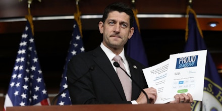 WASHINGTON, DC - JUNE 23:  U.S. Speaker of the House Paul Ryan (R-WI) holds up fundraising literature produced by House Democrats during a press conference at the U.S. Capitol June 23, 2016 in Washington, DC. Ryan addressed the continuing sit-in on the floor of the House of Representatives by members of the House Democratic caucus during his remarks.  (Photo by Win McNamee/Getty Images)