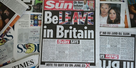 An arrangement of newspapers pictured in London on June 14, 2016 shows the front page of the Sun daily newspaper with a headline urging readers to vote 'Leave' in the June 23 EU referendum. Britain's most-read newspaper The Sun urged readers to vote to leave the European Union in an editorial splashed across its front page in the colours of the Union Jack. The Sun, part of the media empire of US-Australian mogul Rupert Murdoch, is credited with generally backing the winning side and famously claimed to have swung a general election in 1992. / AFP / Daniel SORABJI (Photo credit should read DANIEL SORABJI/AFP/Getty Images)