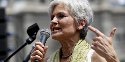 Dr. Jill Stein, presumptive Green Party presidential nominee, speaks at a rally in Philadelphia, Tuesday, July 26, 2016, during the second day of the Democratic National Convention. (AP Photo/Alex Brandon)