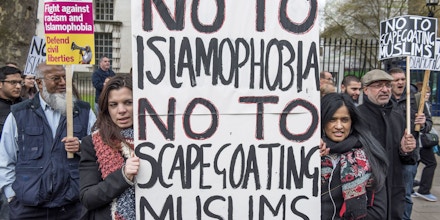 Muslims gather to accuse the UK Government of racism and scapegoating MuslimsIslamophobia Protest in Whitehall, London, Britain - 25 Apr 2016The event was supported by several Muslim groups but convened by the Friends of Alaqsa. (Rex Features via AP Images)