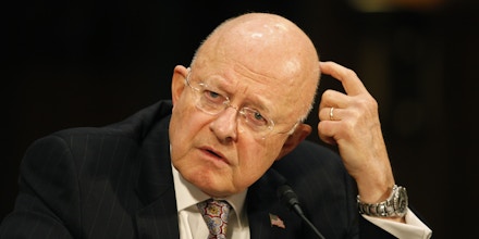 WASHINGTON, DC - FEBRUARY 26:  James Clapper, Director of National Intelligence, testifies during a Senate Armed Services Committee meeting at the Dirksen Senate Office Building on February 26, 2015 in Washington, DC.  Clapper and Lt. Gen. Vincent Stewart , the Director of the Defense Intelligence Agency, both testified on a range of topics including Muslim extemist groups and cyber threats to U.S. security. (Photo by Evy Mages/Getty Images)