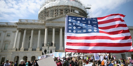 WASHINGTON, DC - APRIL 11:  Democracy Spring protesters participate in a sit-in at the U.S. Capitol to protest big money in politics, April 11, 2016 in Washington, DC. More than 2,000 people have pledged to participate in the organization's sit-ins to 