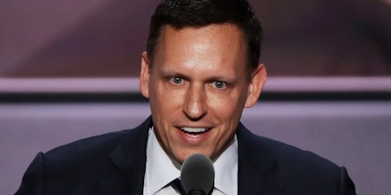 CLEVELAND, OH - JULY 21:  Peter Thiel, co-founder of PayPal,  delivers a speech during the evening session on the fourth day of the Republican National Convention on July 21, 2016 at the Quicken Loans Arena in Cleveland, Ohio. Republican presidential candidate Donald Trump received the number of votes needed to secure the party's nomination. An estimated 50,000 people are expected in Cleveland, including hundreds of protesters and members of the media. The four-day Republican National Convention kicked off on July 18.  (Photo by Alex Wong/Getty Images)