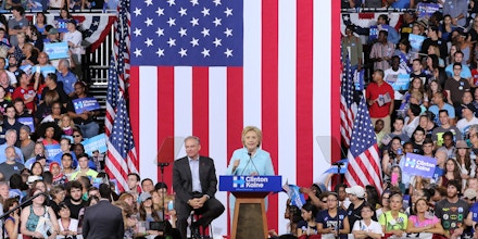 MIAMI, FL - JULY 23: Democratic presidential candidate former Secretary of State Hillary Clinton and Democratic vice presidential candidate U.S. Sen. Tim Kaine (D-VA) attend together a campaign rally at Florida International University Panther Arena on July 23, 2016 in Miami, Florida. Hillary Clinton and Tim Kaine made their first public appearance together a day after the Clinton campaign announced Senator Kaine as the Democratic vice presidential candidate.  (Photo by Alexander Tamargo/WireImage)