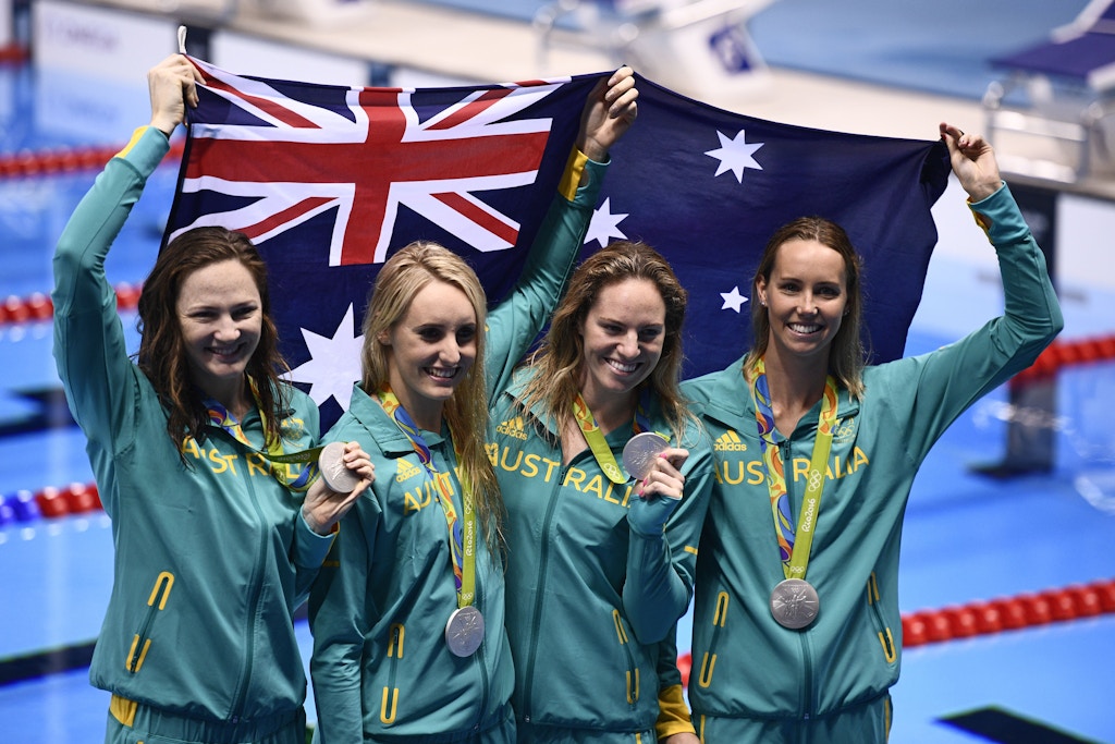 Australia's silver medallist team Emily Seebohm, Taylor McKeown, Emma McKeon, Cate Campbell pose during the podium ceremony of the Women's swimming 4 x 100m Medley Relay Final at the Rio 2016 Olympic Games at the Olympic Aquatics Stadium in Rio de Janeiro on August 13, 2016.   / AFP / Martin BUREAU        (Photo credit should read MARTIN BUREAU/AFP/Getty Images)