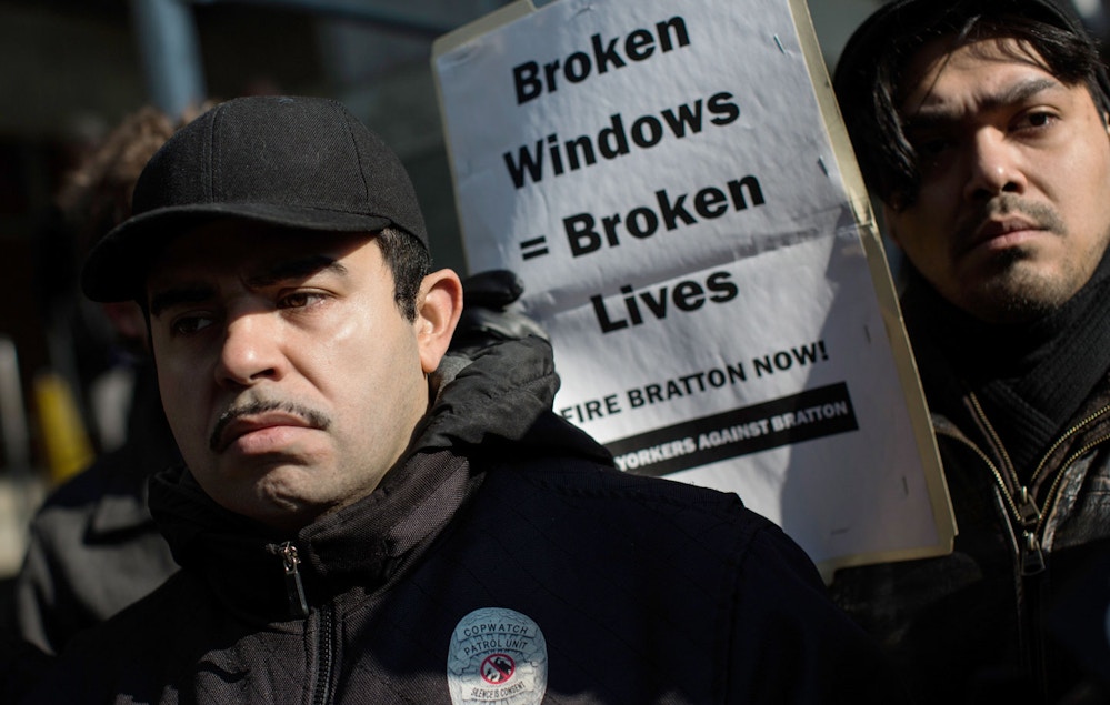 NEW YORK, NY - JANUARY 16:  Activists protest the New York Police Department's "Broken Windows" policy outside the Patrolmen's Benevolent Association offices on January 16, 2015 in New York City. The protest comes at a time when police and community relations are strained after the death of Eric Garner, a black man who was killed by a police officer using a choke hold in July, 2014.  (Photo by Andrew Burton/Getty Images)
