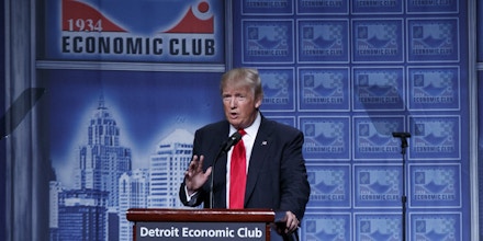 Republican presidential candidate Donald Trump delivers an economic policy speech to the Detroit Economic Club, Monday, Aug. 8, 2016, in Detroit. (AP Photo/Evan Vucci)