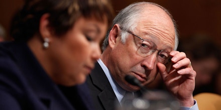WASHINGTON - MAY 18:  U.S. Secretary of the Interior Ken Salazar (R) listens to Environmental Protection Agency Administrator Lisa Jackson testify about the government response to the oil spill in the Gulf of Mexico before the Senate Environment and Public Works Committee on Capitol Hill May 18, 2010 in Washington, DC. Congress continues to hold hearings about the BP Deepwater Horizon explosion and resulting oil spill.  (Photo by Chip Somodevilla/Getty Images)