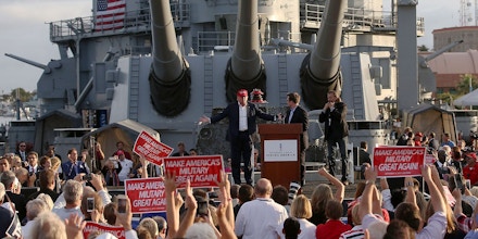 LOS ANGELES, CA - SEPTEMBER 15:  Republican presidential candidate Donald Trump speaks during a campaign rally aboard the USS Iowa on September 15, 2015 in Los Angeles, California. Donald Trump is campaigning in Los Angeles a day ahead of the CNN GOP debate that will be broadcast from the Ronald Reagan Presidential Library in Simi Valley.  (Photo by Justin Sullivan/Getty Images)