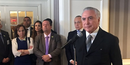 Brazilian president Michel Temer talks to the press after a meeting in New York with US investors, organized by the Council of the Americas on September 21, 2016. / AFP / Leila MACOR        (Photo credit should read LEILA MACOR/AFP/Getty Images)