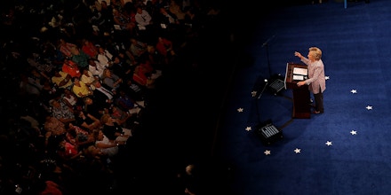 Democratic presidential nominee former Secretary of State Hillary Clinton delivers a speech on national service at the Sunrise Theatre on September 30, 2016, in Fort Pierce, Florida.